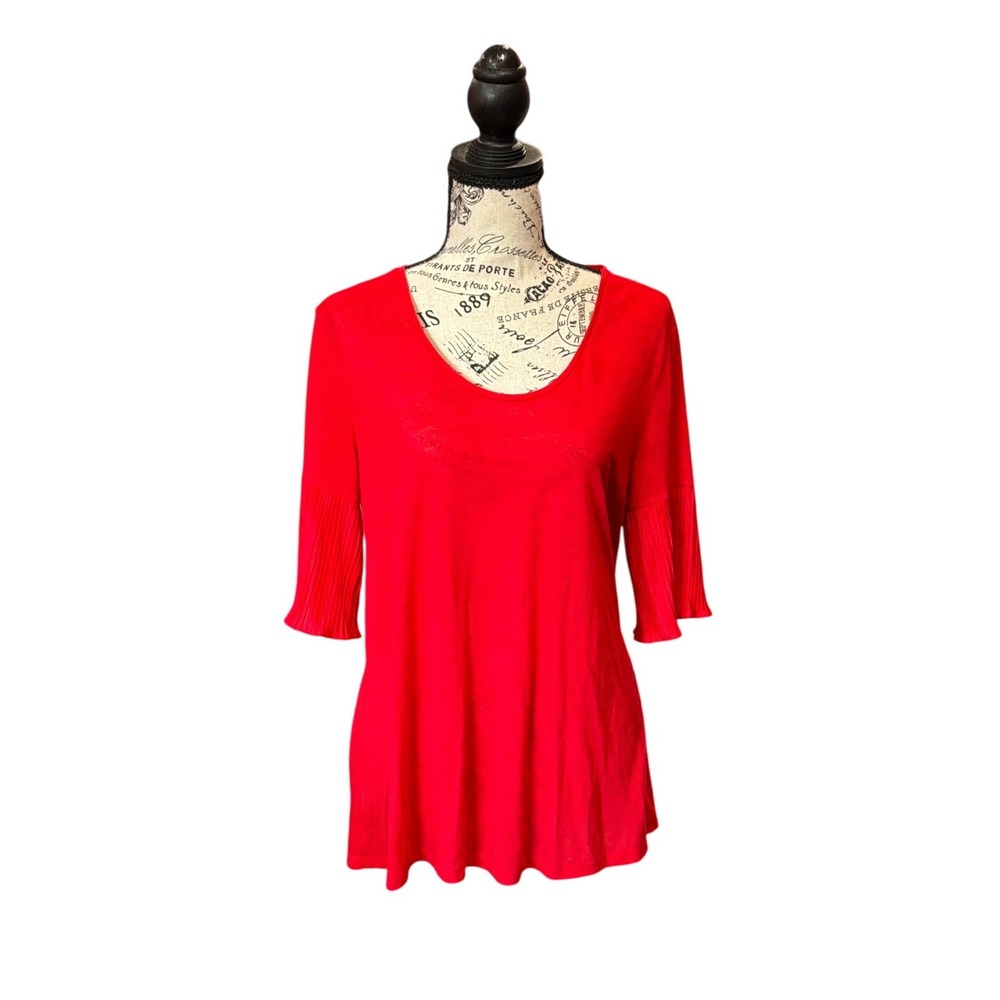 Ann Taylor LOFT Red Pleated Bell Sleeve Scoop‎ Neck Knit Top Womens Large L